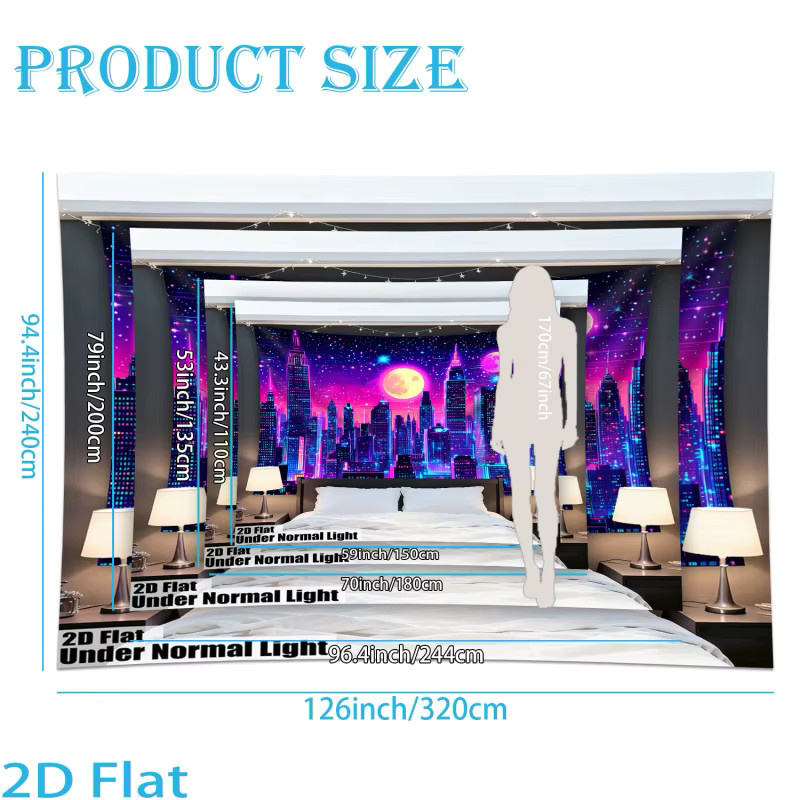 VIKAMA Cyberpunk Neon City Wandteppich in Lila-Blau mit Sternenhimmel und Vaporwave-Design, B: 60 cm, H: 40 cm - Bild 2