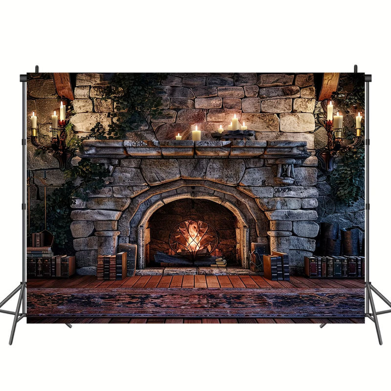 Fotohintergrund mit lebendigen Flammen, Kamin, magischen Büchern und Kerzen in Silber, B/H: 150 x 100 cm - Bild 2