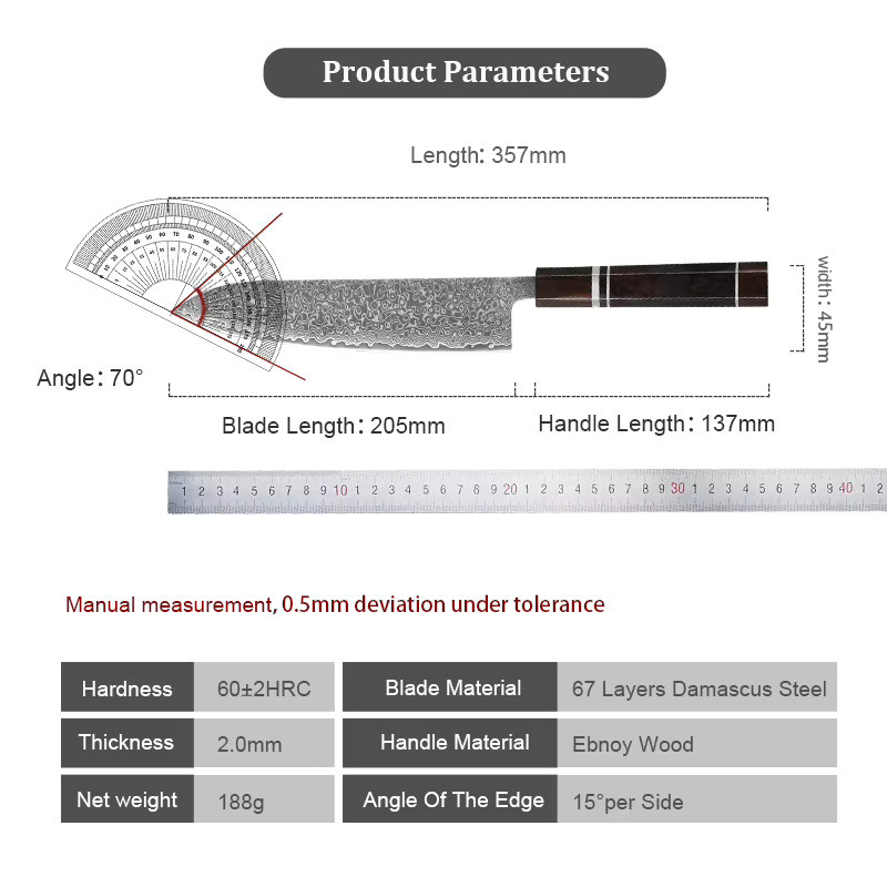 Baovim Japanisches Kochmesser aus handgeschmiedetem Damaststahl in Schwarz und Silber mit Ebenholzgriff, Länge: 20,3 cm - Bild 4