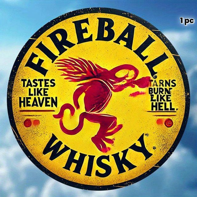 Retro Metallschild Fireball Whiskey rund Durchmesser: 20,32 cm für deine Bar und Wanddekoration - Bild 1