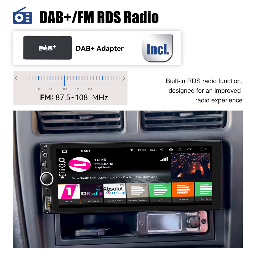 ESSGOO 1Din Autoradio mit Android 14, 6,86 Zoll IPS Display, Carplay, Android Auto, 4 GB RAM, MP5 Player und Bluetooth in Schwarz - Bild 5