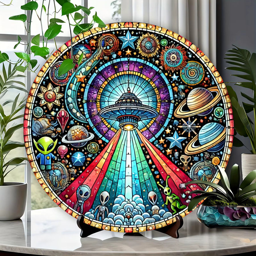 CIFBUY UFO Alien Metall-Wandkunst in bunter Glasoptik, runde Weltraum-Dekoration für dein Zuhause, Breite: 20,32 cm, Höhe: 20,32 cm - Bild 4