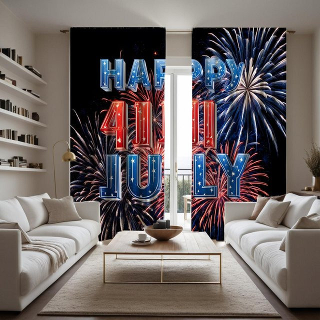 2er-Set Dekorativer Vorhang mit Unabhängigkeitstag-Feuerwerk-Motiv und Hallo Juli Aufdruck, Schwarz-Weiß, B: 132 cm, H: 160 cm - Bild 1