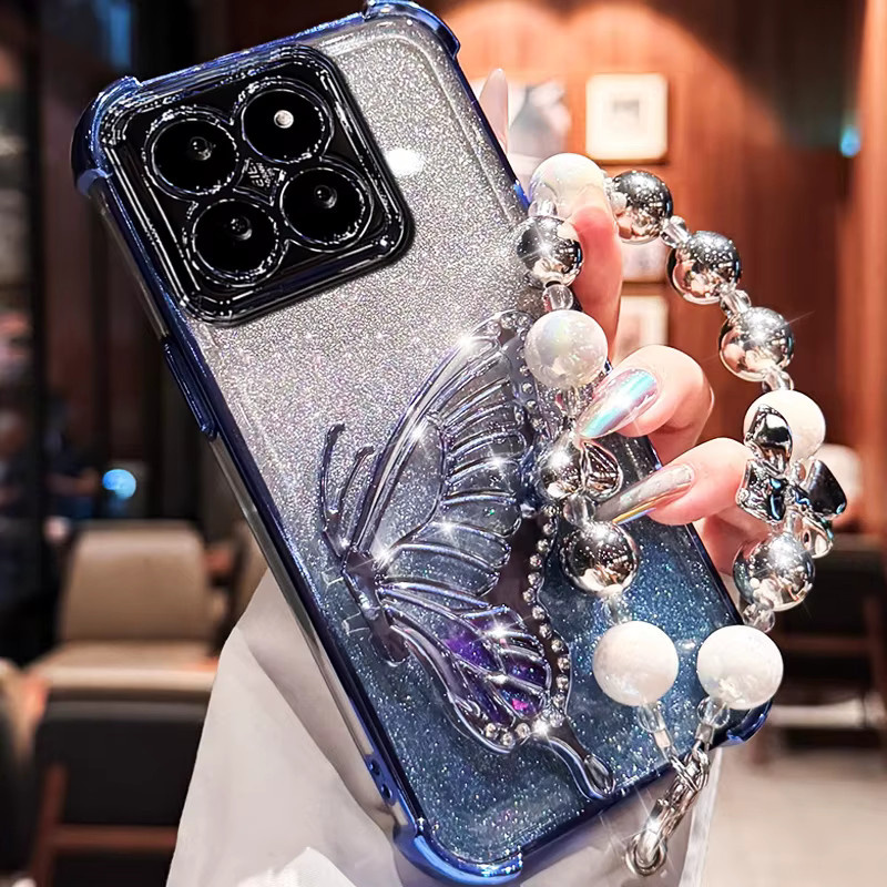 Stoßfeste iPhone Hülle mit glitzerndem Schmetterlings-Design und Armband in Silber von Coatuncle - Bild 1