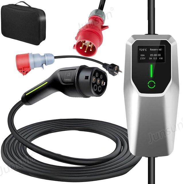 Junsun EV Ladegerät 11kW mit 8m Type 2 Kabel und Adapter, silber - Bild 1