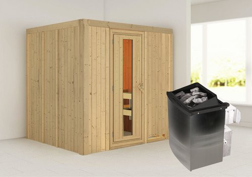 Karibu Sauna Rakvere aus Fichtenholz mit 9 kW Saunaofen und integrierter Steuerung für 3 Personen, Farbe: beige - Bild 1