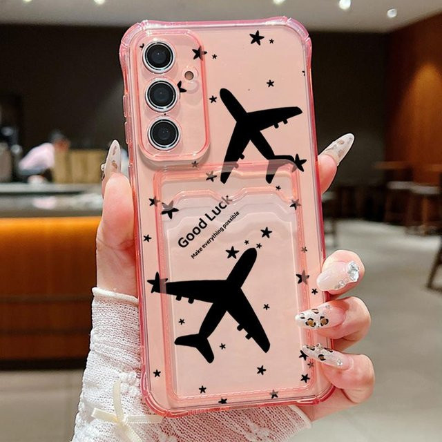 Handyhülle mit Kartenfach und kreativem Flugzeugdruck für Samsung Galaxy S25 S24 S23 S22 Ultra S24 FE A55 A35 A15 A16 A56 in Pink Transparent aus TPU - Bild 1