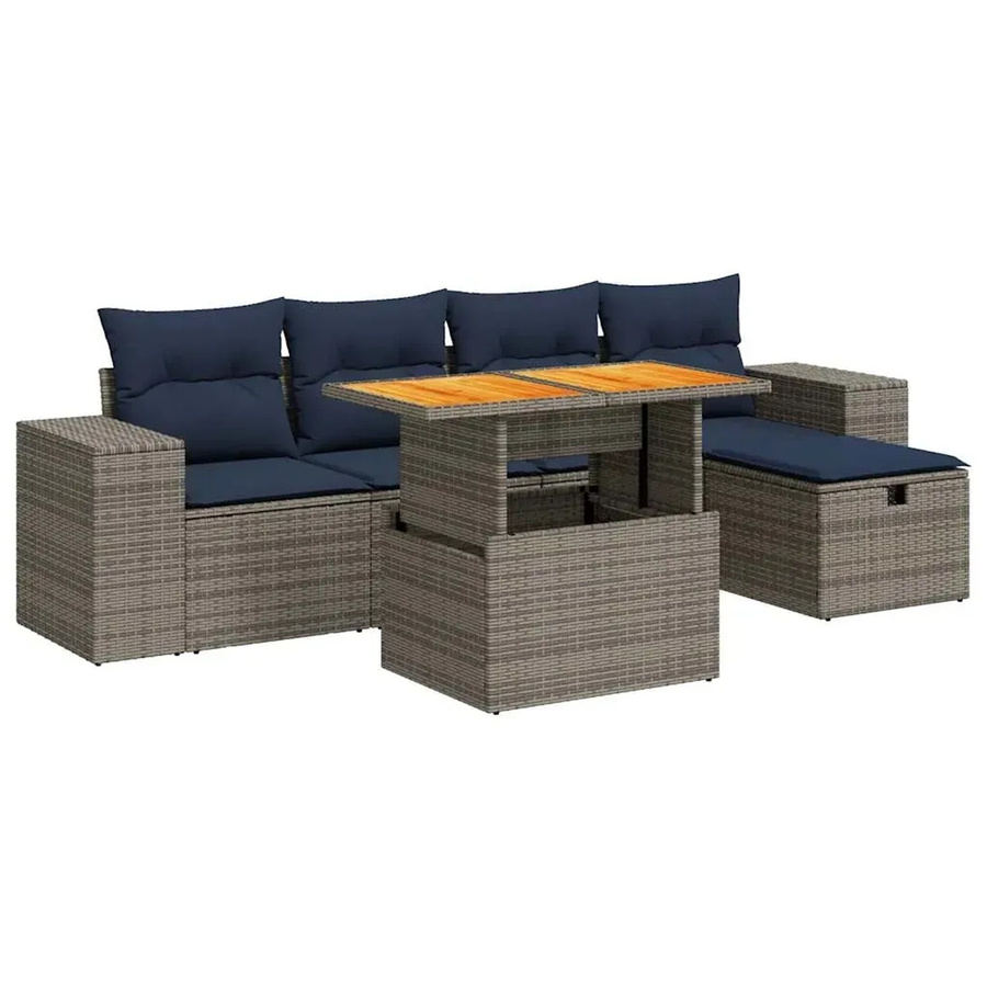 vidaXL 6-teilige Garten-Sofagarnitur aus Poly-Rattan und Akazienholz in Schwarz mit Kissen - Bild 2