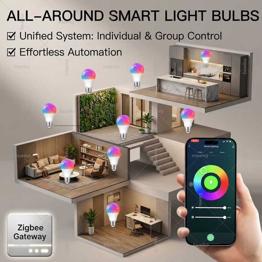Excellux Zigbee 3.0 Smart-LED-Lampe RGBCW mit Farbwahl und dimmbarer Weißlichtsteuerung (2700-6500K), kompatibel mit Amazon Alexa und Home Assistant - Bild 3