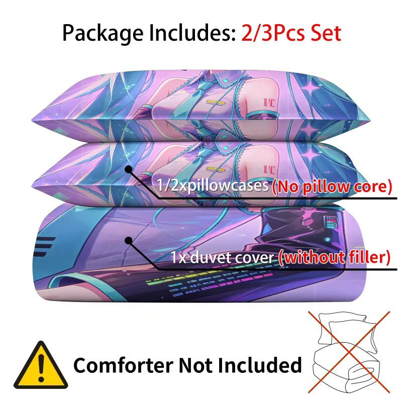 Hatsune Miku Synthwave Keyboard Bettbezug-Set mit Kissenbezügen, Mehrfarbige Anime-Bettwäsche für dein Schlafzimmer - Bild 2