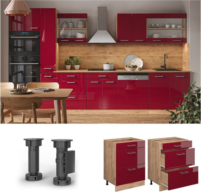 Vicco Küchenunterschrank R-Line Bordeaux Hochglanz Eiche mit Schubladen Breite: 60 cm - Bild 3