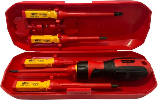 Deli 7-teiliges VDE-isoliertes Schraubendreher-Set mit magnetischen 1000V Schlitz- und Kreuzschlitz-Bits in Rot - Bild 1