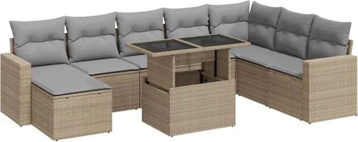Vidaxl 9-tlg. Garten-Sofagarnitur aus Polyrattan und Stahl mit Kissen in Beige - Bild 1