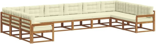 vidaXL Outdoor-Sofagarnitur aus massivem Akazienholz mit 10-teiligem Set und Kissen in Natur und Creme - Bild 1
