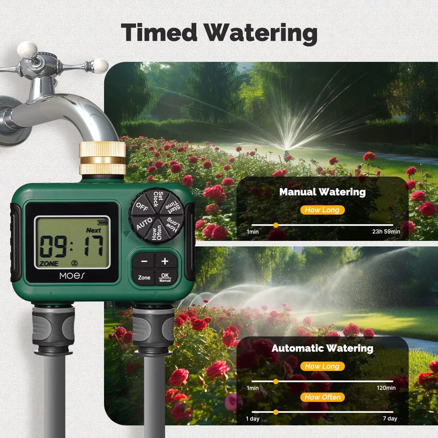 MOES Wasser-Timer mit 2 Ausgängen, LCD-Display und Regenverzögerung, wasserdicht nach IPX5, grüner Bewässerungscomputer mit Messing-Einlass und Kindersicherung - Bild 2