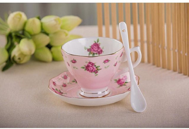 Refreshing Home Kaffeetasse und Untertasse mit Löffel aus Knochenporzellan, Pink, Floral, 170 ml - Bild 1