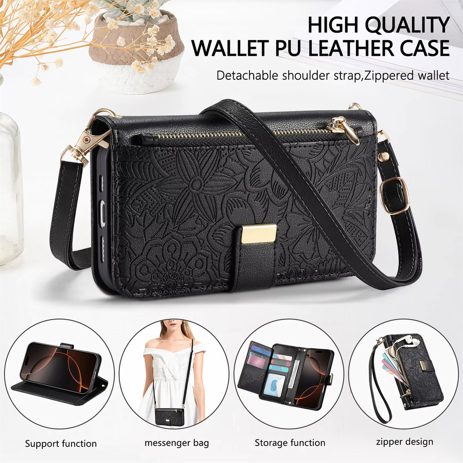 Handtaschen-Handyhülle mit Blumenmuster aus PU-Leder für Google Pixel 10 Pro XL, 10A, 9A und 9 mit Reißverschluss, Kartenfach und Handgelenkband in Schwarz oder Grau - Bild 1