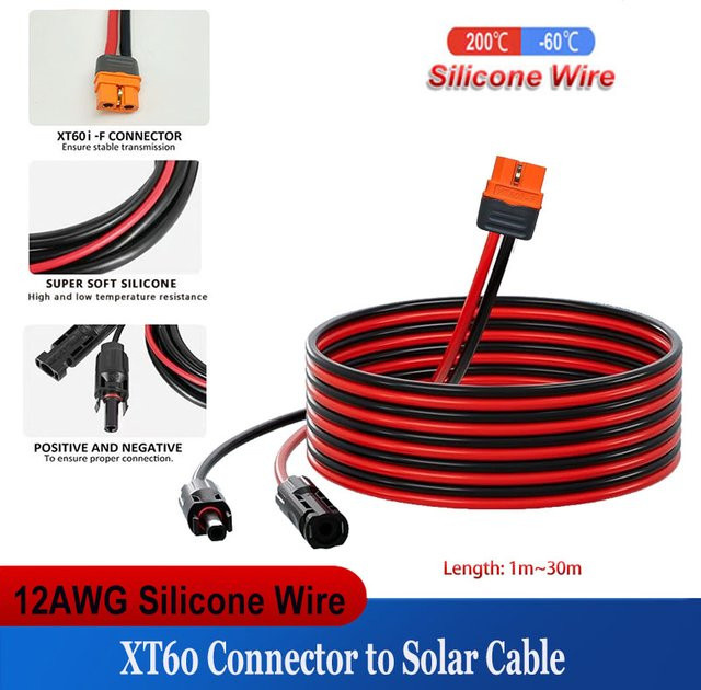 XT60i Buchse auf Solarkabel mit 12AWG 3,4 mm2 Silikonkabel und XT60H-F-Anschluss für Solarpanel-Verlängerungsladekabel von bytebattle - Bild 1