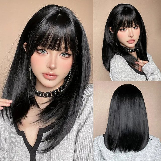 HAIRCUBE Haarperücke, schwarz, synthetisch, mittellang, glatt, mit Pony, Damen - Bild 1