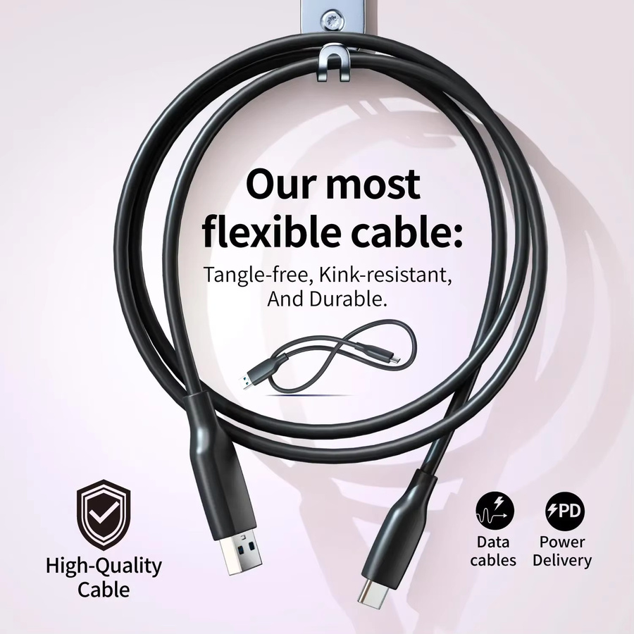 USB-C-Ladekabel mit 60 W und USB 3.0 für schnelle Datenübertragung, Schwarz - Bild 2