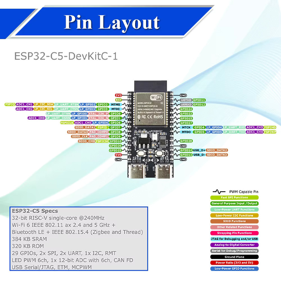 ESP32-C5 Entwicklungsboard ESP32C5-DevKitC-1 mit Dual-Frequenz 2,4 GHz und 5 GHz WiFi, 4 MB Flash, CH340, 32 Pins und USB-C Anschluss - Bild 2