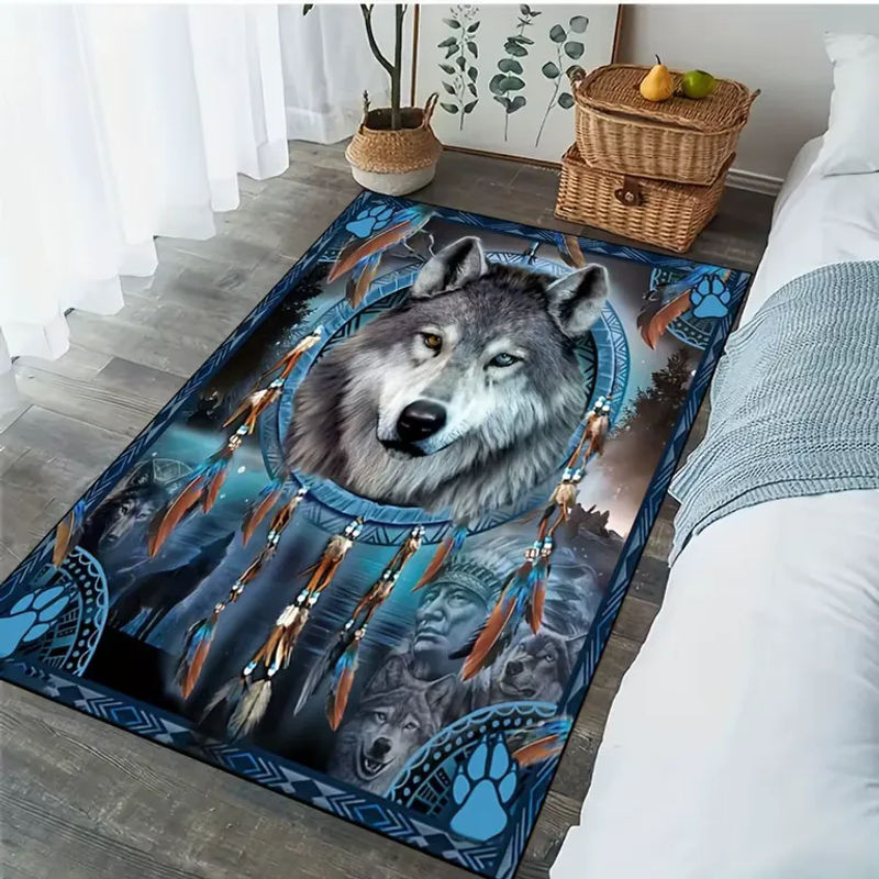 VIKAMA Native American Wolf Dreamcatcher Teppich in Blau, rutschfeste und waschbare Matte mit Tribal-Wolf-Feder-Print für Wohnzimmer und Schlafzimmer - Bild 3