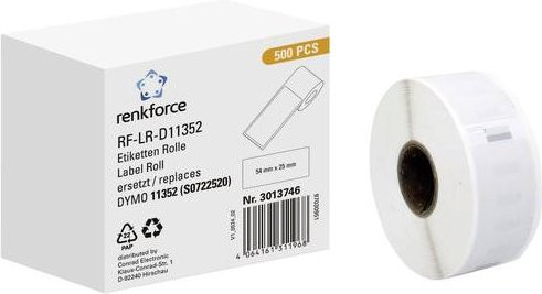 Renkforce Universal Etiketten Rolle Weiß, Papier, 500 Stück, B: 54 mm, H: 25 mm, kompatibel mit DYMO 11352, permanent haftend - Bild 1