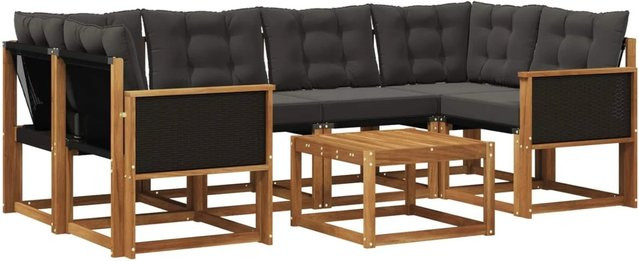 vidaXL Outdoor-Sofagarnitur L-Form aus Akazienholz mit Textilene und Kissen, Schwarz und Natur - Bild 1