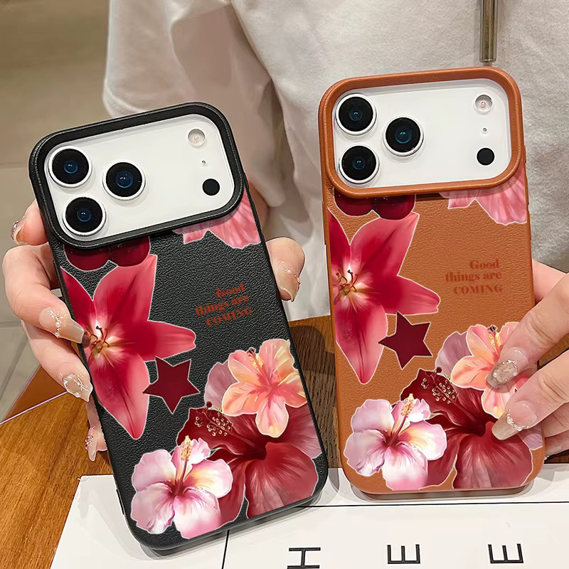 MOESOE Handyhülle mit realistischem Blumenmuster für iPhone 17 16 15 14 13 12 Pro Max und weitere Modelle, stoßfeste TPU Softcover mit Lederstruktur in Orange Multicolour - Bild 2