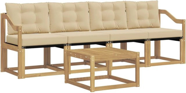 vidaXL Outdoor-Sofagarnitur 5-teilig aus Akazienholz mit Kissen in Weiß und Beige - Bild 1
