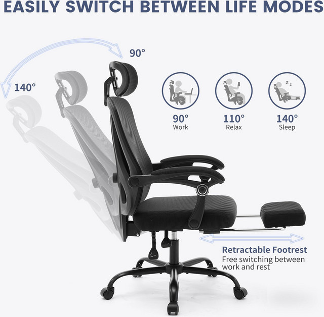 Garvee ergonomischer Gaming-Stuhl mit hoher Rückenlehne und Kopfstütze, atmungsaktives Mesh-Gewebe, verstellbare Lendenstütze und ausziehbare Fußstütze, drehbarer Bürostuhl in Schwarz - Bild 1