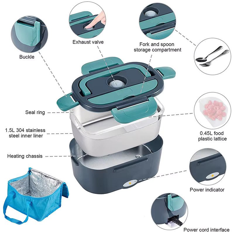 Betuyoo 2-in-1 elektrische Lunchbox mit Edelstahlbehälter, auslaufsicherer tragbarer Speisenwärmer, mikrowellengeeignet - Bild 6