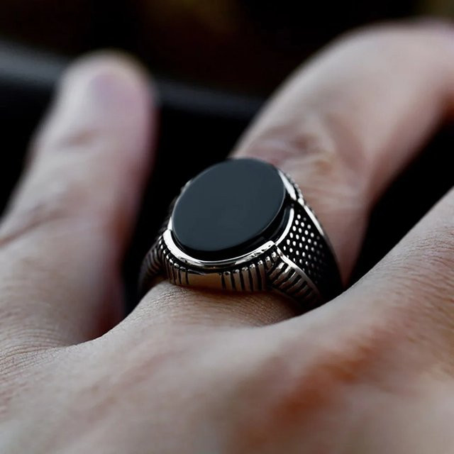 owlucky Ring Edelstahl, Schwarz, Stein, Vintage, Unisex - Bild 1