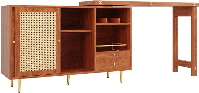 okwish Stehtisch mit Rattantür in Braun, erweiterbares Regal mit Stauraum für deine Küche, B/T/H: 107 x 40 x 71,4 cm - Bild 1