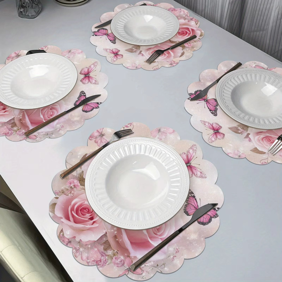 VIKAMA 4-teiliges Set runde Untersetzer mit Rose-Schmetterlings-Design in Rosa, floraler Shabby Chic Stil - Bild 2