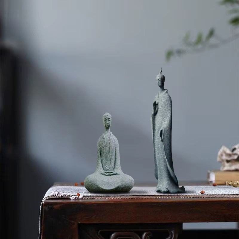 Mini buddhistische Mönche Figuren in Grau als Zen Buddha Statue für Garten, Meditation und Aquarium Dekoration im orientalischen Stein-Design - Bild 2