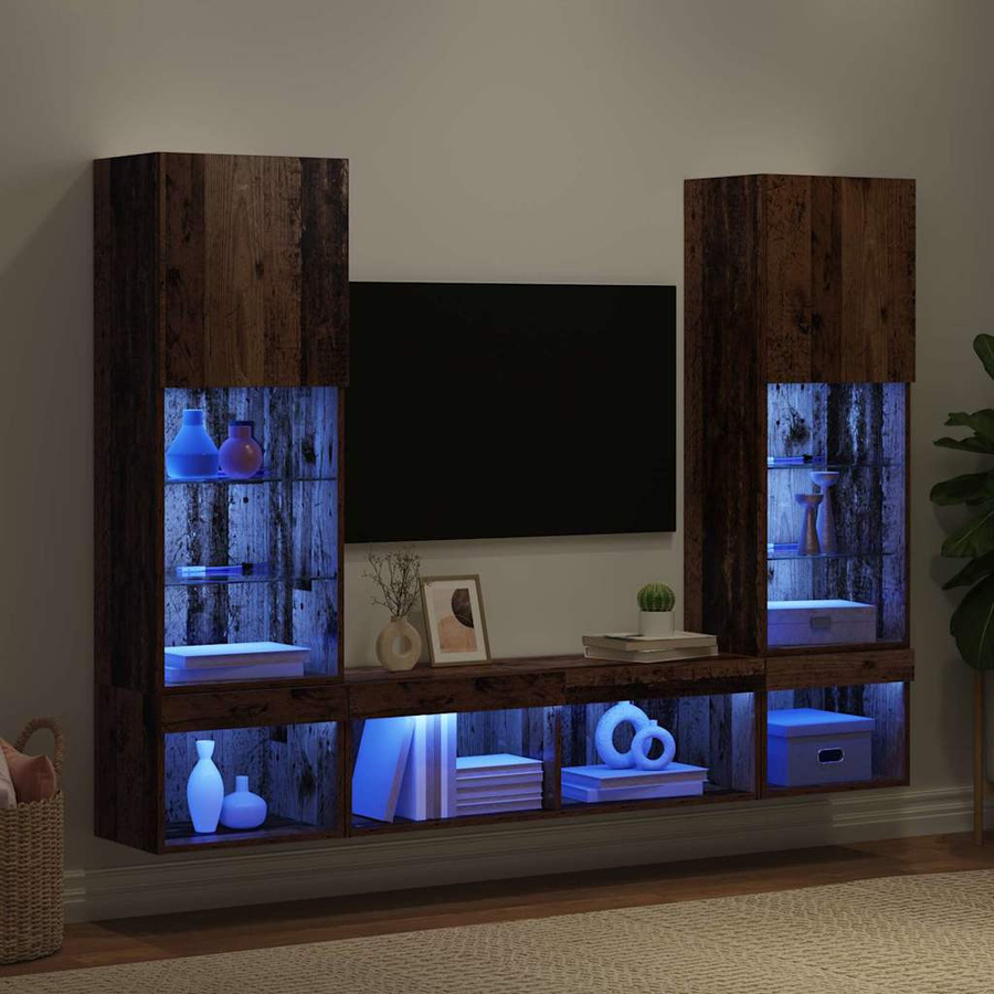 vidaXL TV Wandmöbel Set mit LED-Beleuchtung in Altholz-Optik, 5-teilig, Braun - Bild 3
