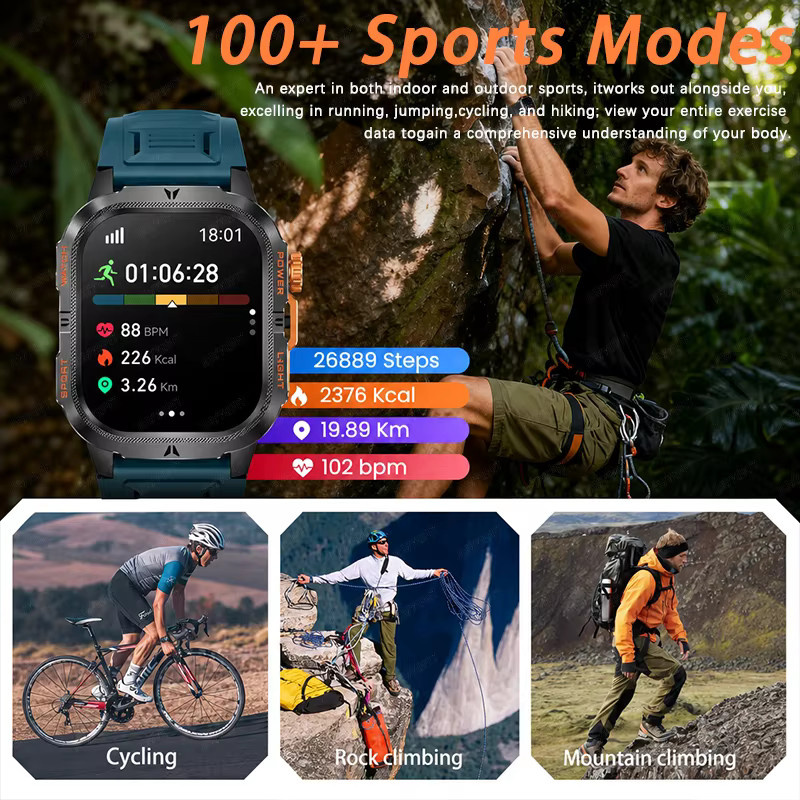 HSVYGFIT Smartwatch in Militärqualität für Herren mit 1200-mAh-Akku, 2,01 Zoll HD-Display, IP68 wasserdicht, Bluetooth-Anrufe und 100+ Sportmodi, Schwarz - Bild 6