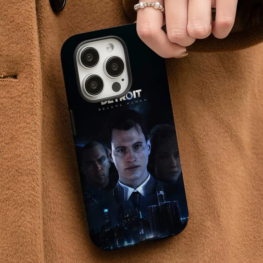 D-Detroit Become Human Handyhülle für Apple iPhone 17 16 15 14 13 12 Pro Max Plus, glänzende HD-Doppelschicht-Flüssighartschale, weiß/mehrfarbig - Bild 3