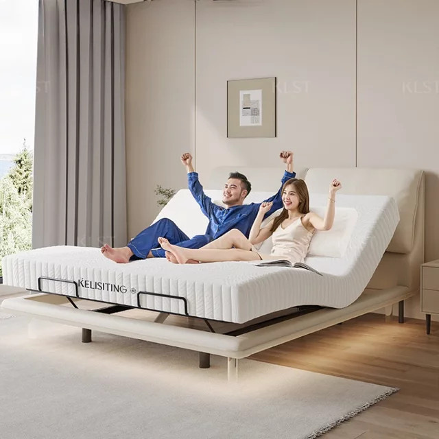 Modernes Doppelbettgestell DUTRIEUX aus weißem Kunstleder mit elektrisch verstellbarer Funktion und Unterbettbeleuchtung, B/T: 150 x 200 cm - Bild 1
