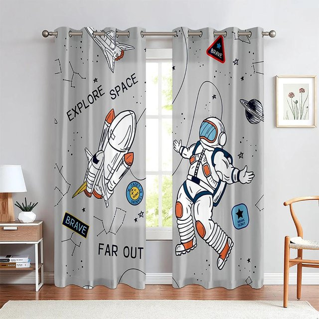 Cartoon Weltraum Vorhänge mit Astronauten und Planeten für Kinder Schlafzimmer und Spielzimmer, 2er Set, Breite: 60 cm, Höhe: 100 cm - Bild 1