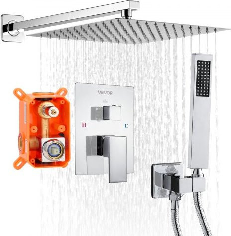 VEVOR Duscharmatur Regenduschsystem mit quadratischem Regenduschkopf und Handbrause, wandmontiert, Messingventil, Silberchrom - Bild 1