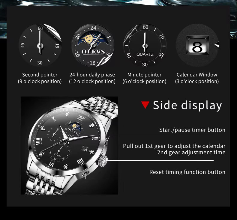 OLEVS Armbanduhr Chronograph, Quarz, Edelstahl, Schwarz, Herren - Bild 4