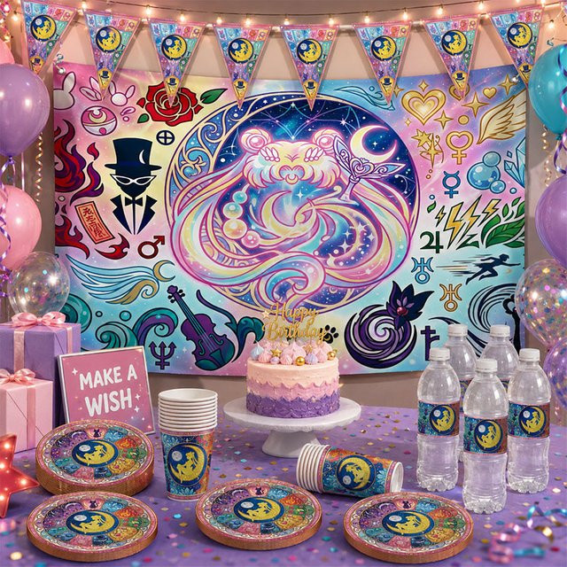 Sailor Moon Party-Set mit bunten Papptellern, Bechern und Strohhalmen im Cartoon-Stil - Bild 1