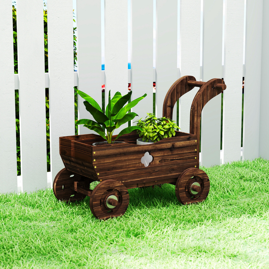 Outsunny Hochbeet aus Tannenholz in Wagenform mit 4 Rädern und Griff, Pflanzbeet in Braun für Garten und Balkon, B/T/H: 68 x 38 x 52 cm - Bild 2