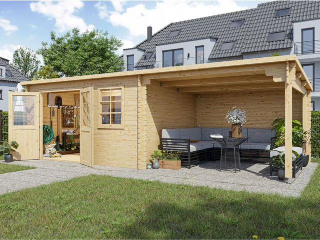 Woodtex Gartenhaus Blockbohlenhaus CA2987 mit 3 m Anbau, Naturbelassen, Braun - Bild 1