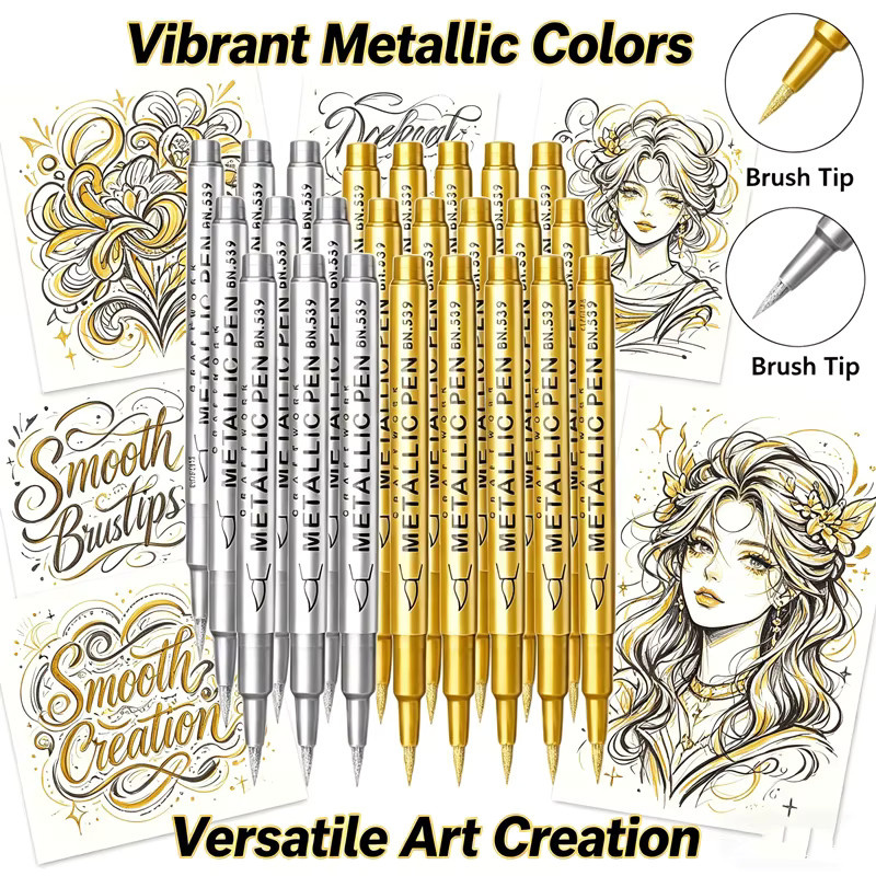 Acrylmarker Set mit Pinselspitze in Gold, Silber und Weiß für Kunst und Schreibwaren - Bild 5