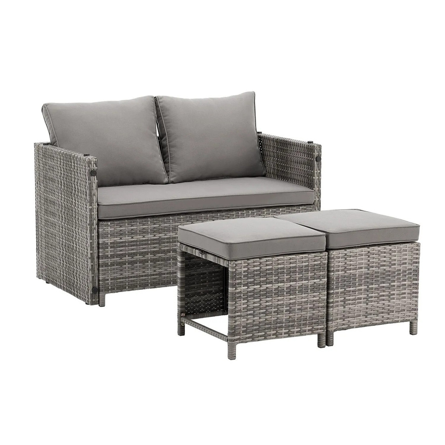 Juskys 2in1 Polyrattan Relax Gartenmöbel Set Jamaika in Grau Meliert mit Tisch, Bank, Hockern und Polstern - Bild 3