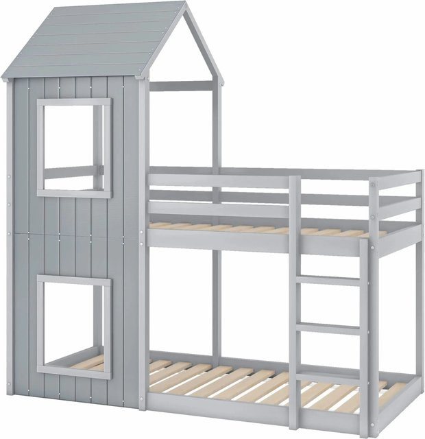 okwish Etagenbett im Baumhausstil für Kinder aus Kiefer und MDF mit Leiter und Baldachin, Grau, B/T/H: 90 x 200 x 219 cm - Bild 1