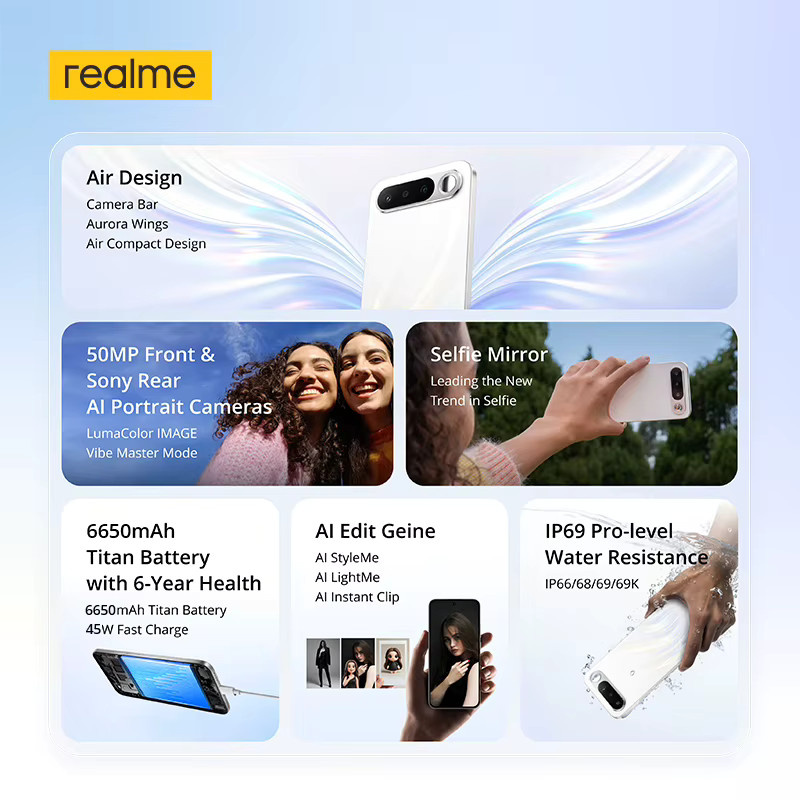 Realme 16 5G Smartphone in Schwarz mit AMOLED-Bildschirm, 50 MP Kamera, 6550 mAh Akku und 45 W Schnellladefunktion sowie IP69 Schutz - Bild 2